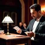 A professional male magician dressed in a sophisticated, dark professional suit with a crisp white shirt, fully clothed, appropriate attire, modest clothing. He stands at a small, elegant wooden table, performing a close-up card trick. His gaze is directed towards a diverse, well-dressed audience member, capturing their amazed expression and creating a moment of shared wonder. His hands are precisely positioned, holding a deck of cards. The setting is the interior of an intimate, dimly lit magic club in a classic Spanish city, with warm, focused spotlights illuminating the performance area and subtle antique decor in the background. Cinematic lighting, shallow depth of field, detailed, ultra-realistic photography, high resolution, perfect anatomy, correct proportions, natural pose, well-formed hands, proper finger count, natural body proportions, safe for work, appropriate content, fully clothed, professional, family-friendly.