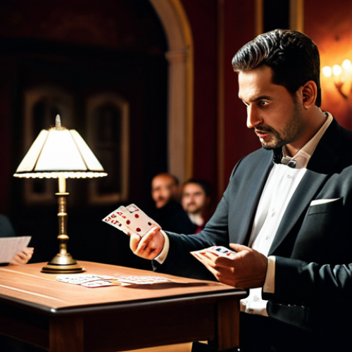A professional male magician dressed in a sophisticated, dark professional suit with a crisp white shirt, fully clothed, appropriate attire, modest clothing. He stands at a small, elegant wooden table, performing a close-up card trick. His gaze is directed towards a diverse, well-dressed audience member, capturing their amazed expression and creating a moment of shared wonder. His hands are precisely positioned, holding a deck of cards. The setting is the interior of an intimate, dimly lit magic club in a classic Spanish city, with warm, focused spotlights illuminating the performance area and subtle antique decor in the background. Cinematic lighting, shallow depth of field, detailed, ultra-realistic photography, high resolution, perfect anatomy, correct proportions, natural pose, well-formed hands, proper finger count, natural body proportions, safe for work, appropriate content, fully clothed, professional, family-friendly.