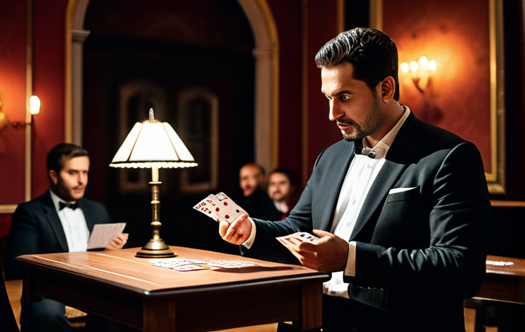 A professional male magician dressed in a sophisticated, dark professional suit with a crisp white shirt, fully clothed, appropriate attire, modest clothing. He stands at a small, elegant wooden table, performing a close-up card trick. His gaze is directed towards a diverse, well-dressed audience member, capturing their amazed expression and creating a moment of shared wonder. His hands are precisely positioned, holding a deck of cards. The setting is the interior of an intimate, dimly lit magic club in a classic Spanish city, with warm, focused spotlights illuminating the performance area and subtle antique decor in the background. Cinematic lighting, shallow depth of field, detailed, ultra-realistic photography, high resolution, perfect anatomy, correct proportions, natural pose, well-formed hands, proper finger count, natural body proportions, safe for work, appropriate content, fully clothed, professional, family-friendly.