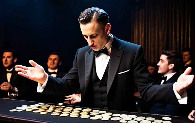 **

A magician, fully clothed in a classic tuxedo, performing a close-up magic trick with coins at a table in a dimly lit cabaret. Spectators are watching with amazement. Perfect anatomy, natural proportions, safe for work, appropriate content, professional, well-formed hands, proper finger count, high quality.

**