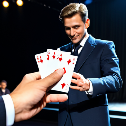 **

"A magician, fully clothed in a professional suit, performs a card trick on a well-lit stage. The audience is blurred but appears engaged and positive. The magician's hands are visible, demonstrating a card manipulation. Safe for work, appropriate content, modest attire, professional setting, perfect anatomy, correct proportions, natural pose."

**