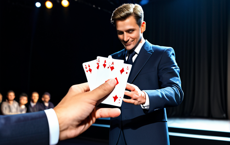 **

"A magician, fully clothed in a professional suit, performs a card trick on a well-lit stage. The audience is blurred but appears engaged and positive. The magician's hands are visible, demonstrating a card manipulation. Safe for work, appropriate content, modest attire, professional setting, perfect anatomy, correct proportions, natural pose."

**