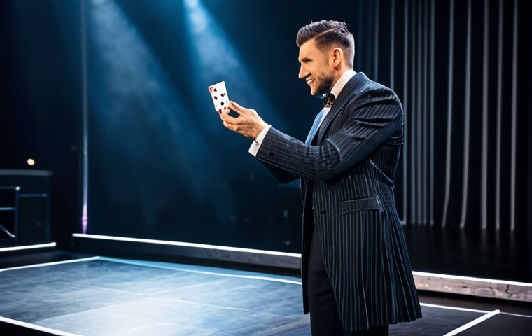 마술에서의 카메라 활용 - **

A professional videographer filming a magician on a well-lit stage. The magician is fully clothe...