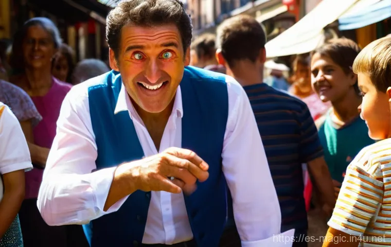 마술의 발전 과정 - **A master street magician in the heart of the bustling Mercado de San Miguel, Madrid, performs a da...