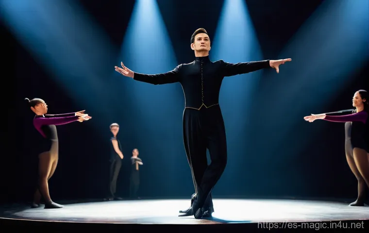 마술 공연의 구성과 구성원 - **Prompt:** A dynamic, cinematic shot of a grand theater stage during a late-night magic show rehear...