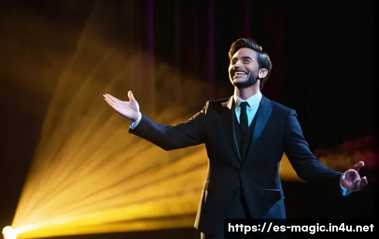 마술 전용 무대 - **Image Prompt 1: The Emotional Storyteller**
    A captivating male magician, mid-30s, with a chari...