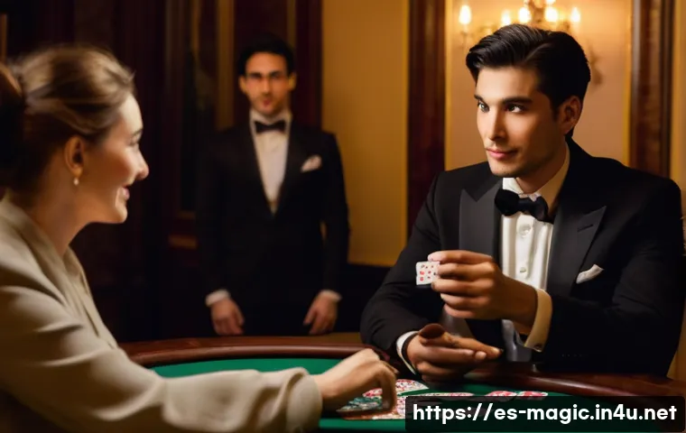 마술 종류별 기법 - **Prompt:** A male magician in his early 30s, dressed in a sharp, tailored black suit and a white dr...