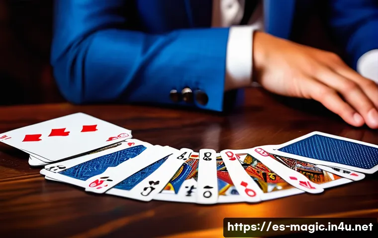 마술 공연을 위해 필요한 물품 - A professional magician’s close-up performance scene featuring a set of special playing cards with s...