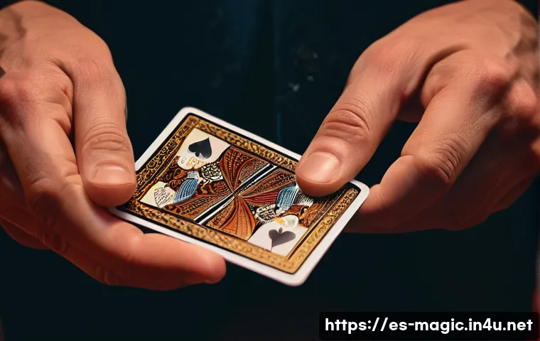 마술 덱 - A close-up scene of a magician's hands performing the &ldquo;double lift&rdquo; card technique with a classic Bi...