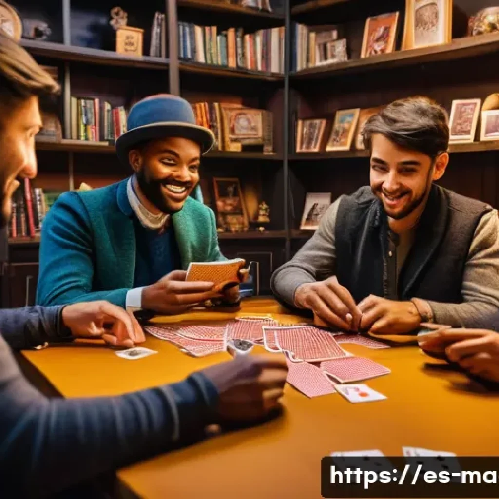마술 동호회 활동 - A vibrant scene of a diverse group of amateur magicians gathered in a cozy, warmly lit room filled w...