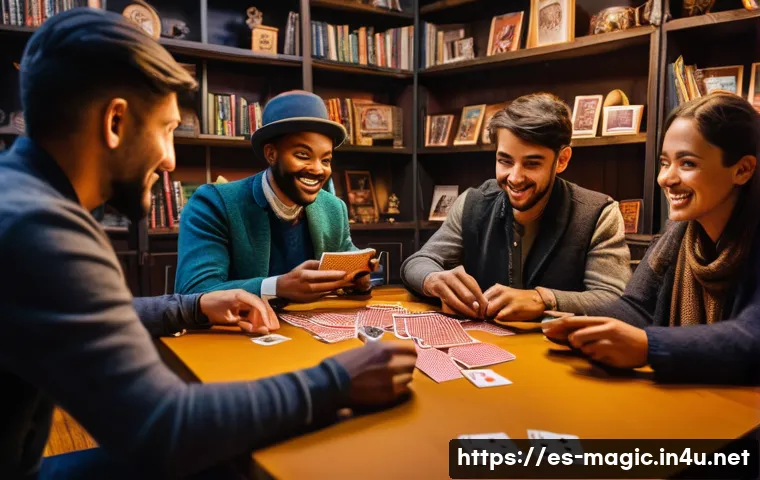 마술 동호회 활동 - A vibrant scene of a diverse group of amateur magicians gathered in a cozy, warmly lit room filled w...