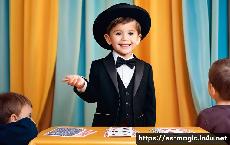 마술 공연 준비 - A professional magician performing on a small, intimate stage designed for a family event in a cozy ...
