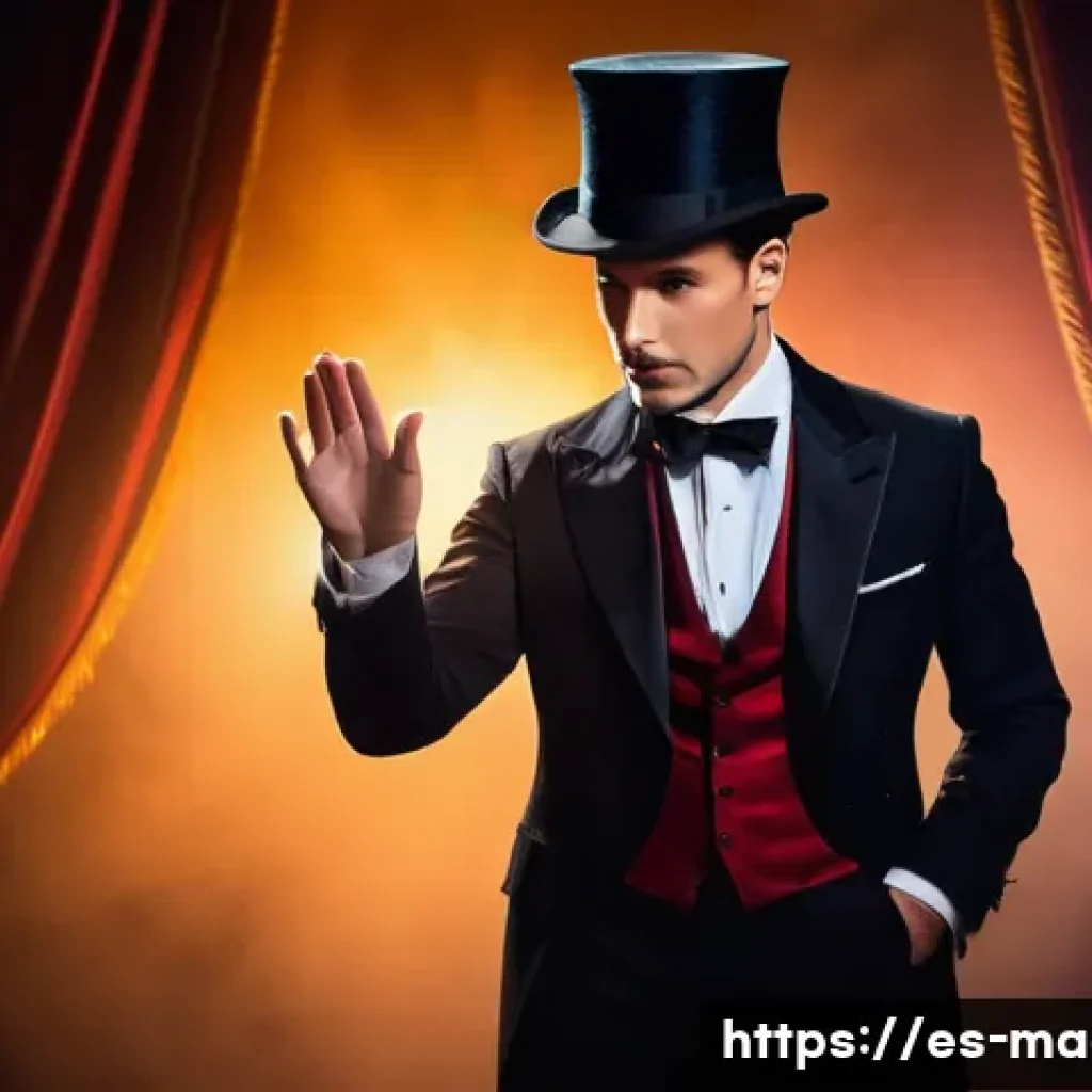 마술 쇼의 연출 - A sophisticated magician performing on a dimly lit stage with warm, soft amber lighting creating an ...