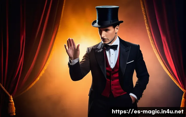 마술 쇼의 연출 - A sophisticated magician performing on a dimly lit stage with warm, soft amber lighting creating an ...