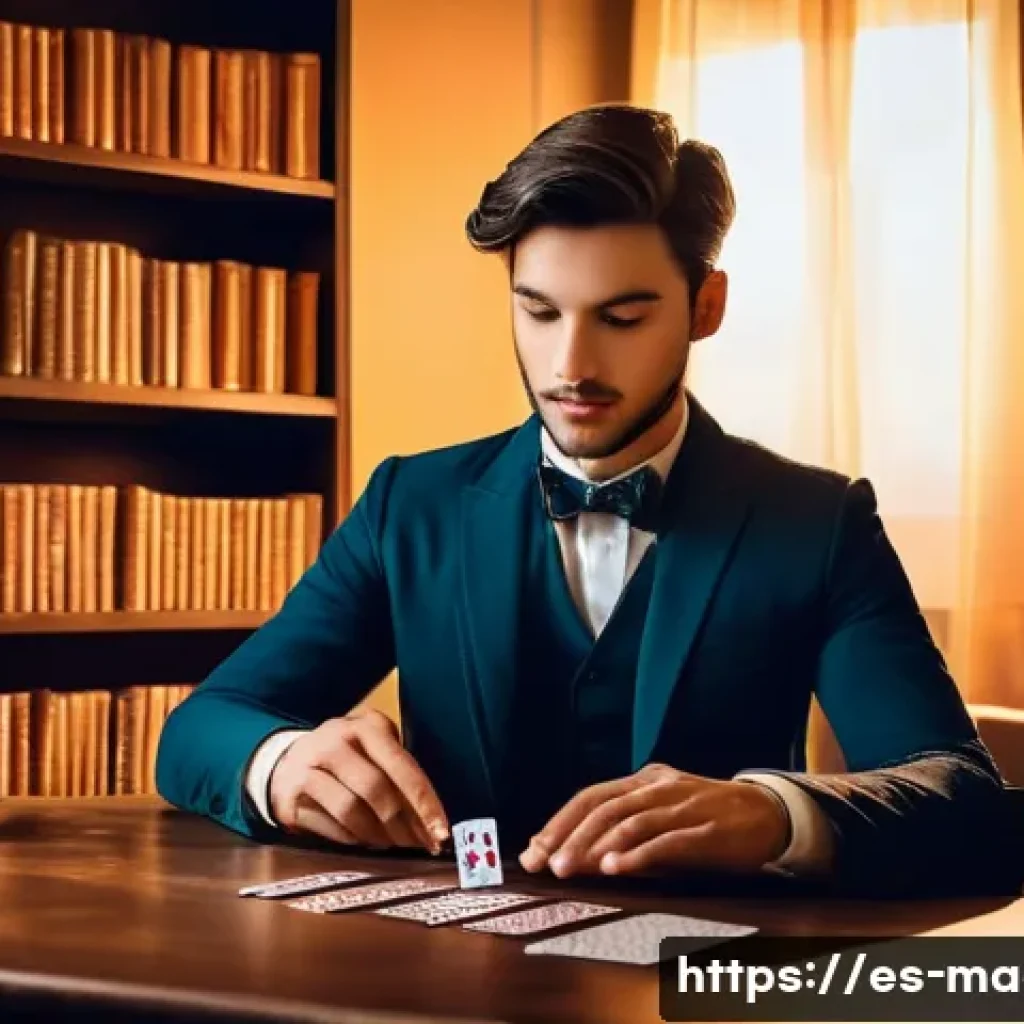 마술 동영상 강의 - A young magician practicing card manipulation in a cozy, warmly lit room with wooden shelves filled ...