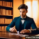 마술 동영상 강의 - A young magician practicing card manipulation in a cozy, warmly lit room with wooden shelves filled ...