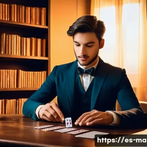 마술 동영상 강의 - A young magician practicing card manipulation in a cozy, warmly lit room with wooden shelves filled ...