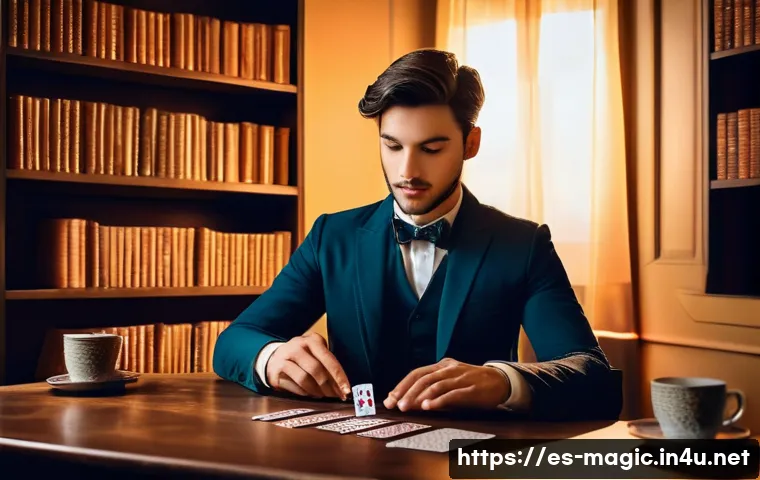 마술 동영상 강의 - A young magician practicing card manipulation in a cozy, warmly lit room with wooden shelves filled ...