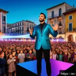 마술사와 마술의 사회적 영향 - A modern magician performing on a vibrant stage in a bustling Spanish city square, surrounded by a d...