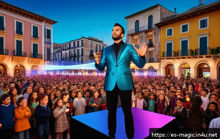 마술사와 마술의 사회적 영향 - A modern magician performing on a vibrant stage in a bustling Spanish city square, surrounded by a d...