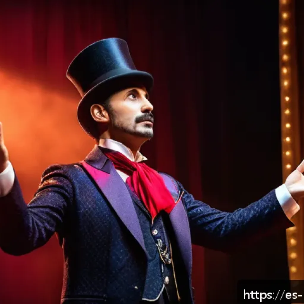 마술 공연에서 중요한 스토리와 테마 - A charismatic magician on stage in a vibrant Spanish theater, dressed in elegant attire with subtle ...