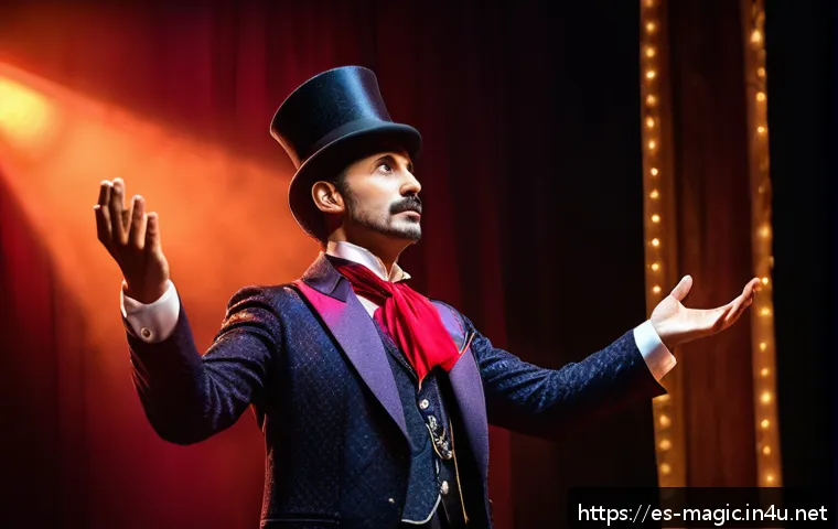 마술 공연에서 중요한 스토리와 테마 - A charismatic magician on stage in a vibrant Spanish theater, dressed in elegant attire with subtle ...