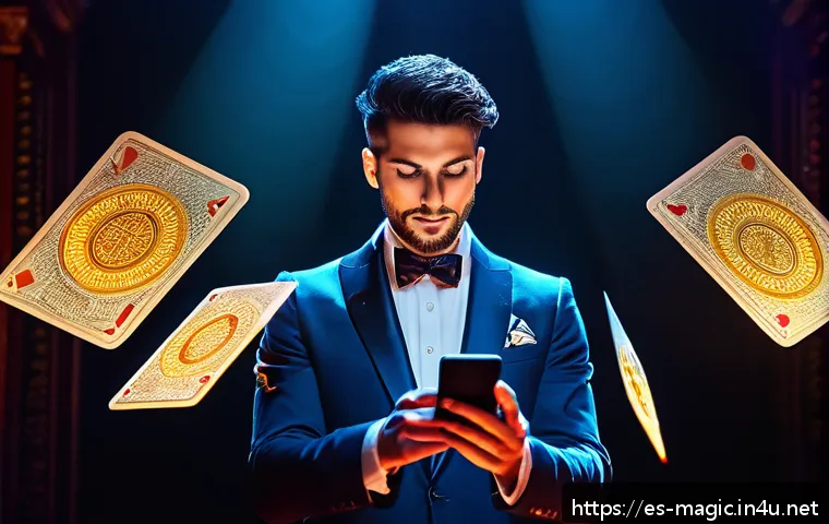 마술 쇼의 종류 - A modern magic show scene in a stylish urban theater in Spain, featuring a magician wearing elegant ...