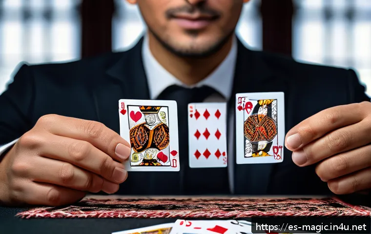 마술 카드 덱 종류별 특징 - A skilled magician performing a close-up card trick using a classic standard poker deck with a matte...