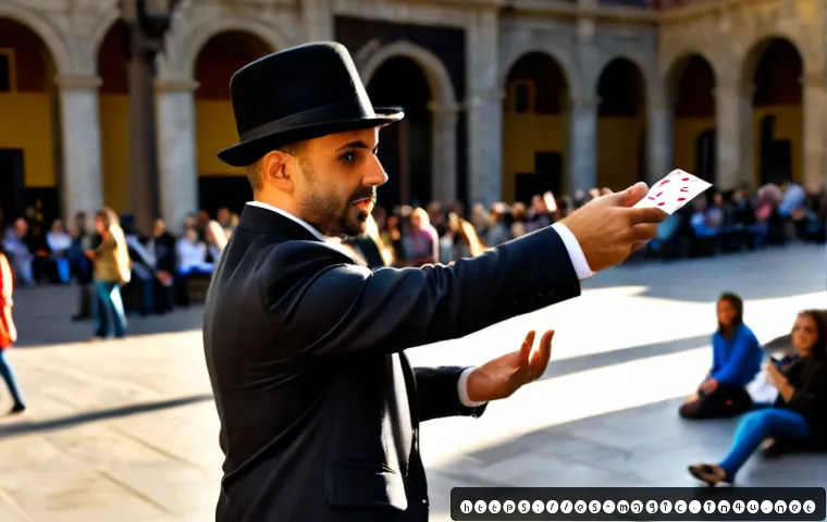 Home 17 마술 트렌드 - Photorealistic modern close-up of a professional street magician performing an elegant card illusion...